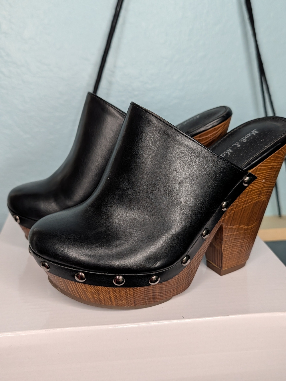 [FREE SHIPPING] Mark & Maddux Antonio Studded Black Wood Platform Clogs 5.5